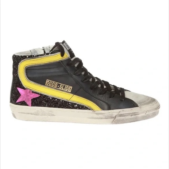 Golden Goose Slide High Top Sneakers Black and Yellow Glitter Pink Star Size 37 - Picture 2 of 7